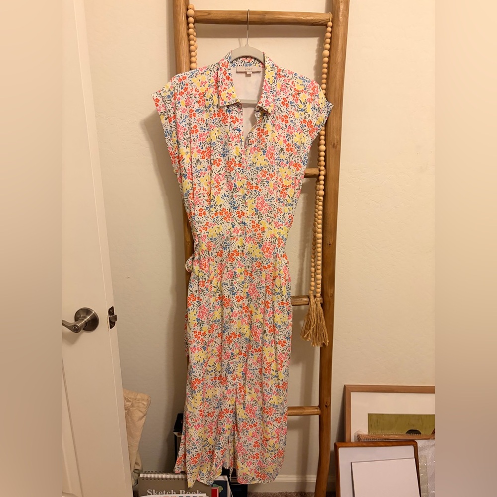 LOFT Yellow Multi Floral Maxi Dress with Button Front